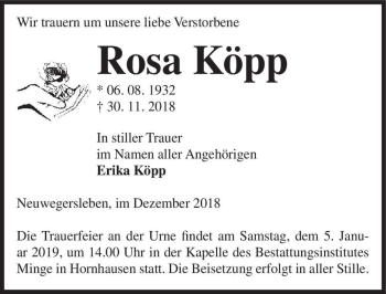 Traueranzeige von Rosa Köpp  von Magdeburger Volksstimme