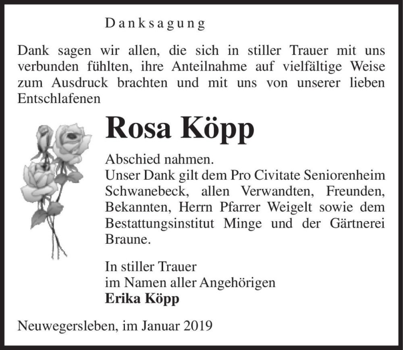  Traueranzeige für Rosa Köpp  vom 12.01.2019 aus Magdeburger Volksstimme