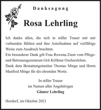 Traueranzeige von Rosa Lehrling  von Magdeburger Volksstimme