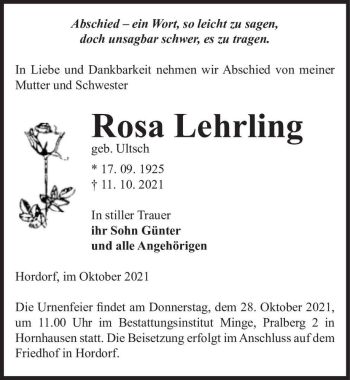 Traueranzeige von Rosa Lehrling (geb. Ultsch)  von Magdeburger Volksstimme