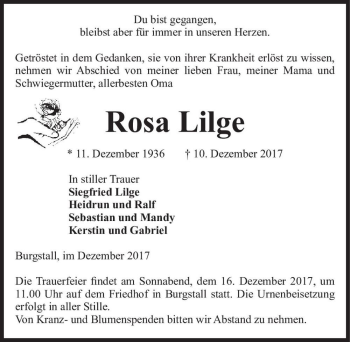 Traueranzeige von Rosa Lilge  von Magdeburger Volksstimme