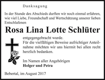 Traueranzeige von Rosa Lina Lotte Schlüter  von Magdeburger Volksstimme