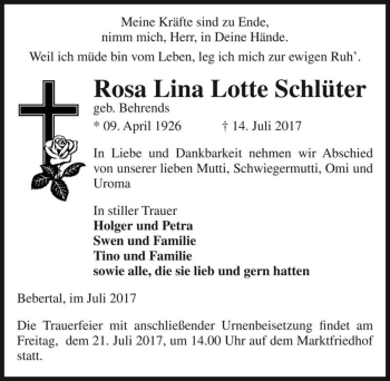 Traueranzeige von Rosa Lina Lotte Schlüter (geb. Behrends)  von Magdeburger Volksstimme