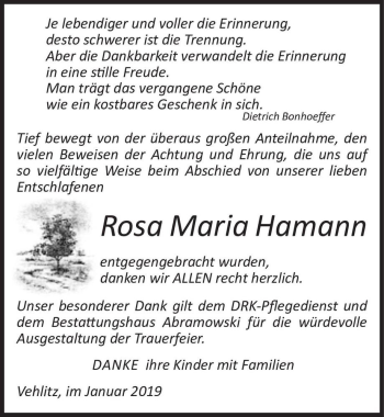 Traueranzeige von Rosa Maria Hamann  von Magdeburger Volksstimme