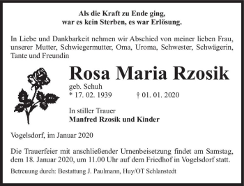 Traueranzeige von Rosa Maria Rzosik (geb. Schuh)  von Magdeburger Volksstimme