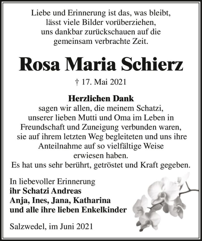  Traueranzeige für Rosa Maria Schierz  vom 12.06.2021 aus Magdeburger Volksstimme