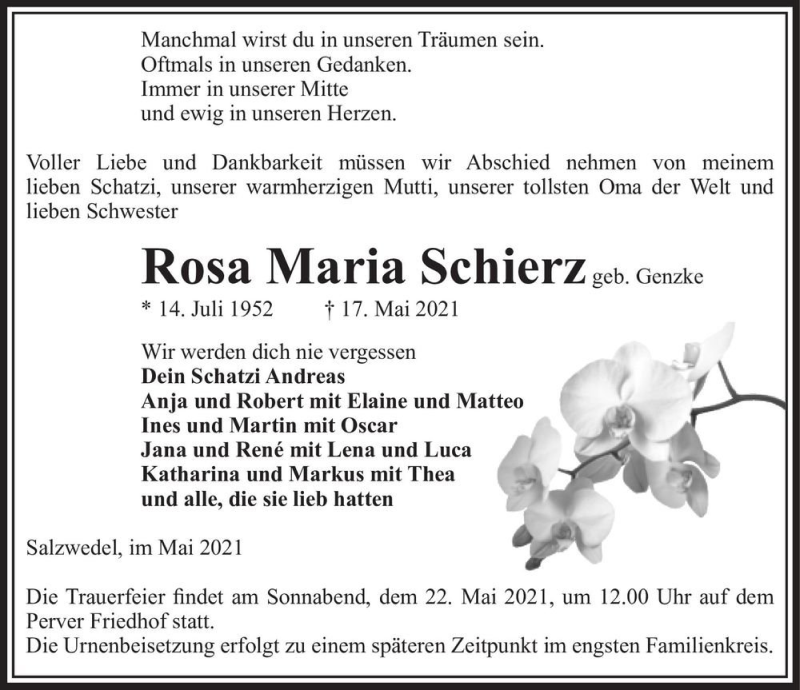  Traueranzeige für Rosa Maria Schierz (geb. Genzke)  vom 19.05.2021 aus Magdeburger Volksstimme