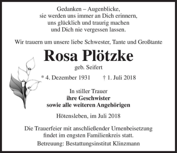 Traueranzeige von Rosa Plötzke (geb. Seifert)  von Magdeburger Volksstimme
