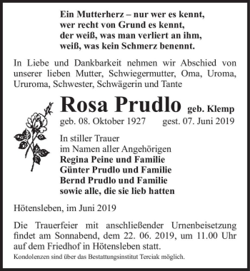 Traueranzeige von Rosa Prudlo (geb. Klemp)  von Magdeburger Volksstimme