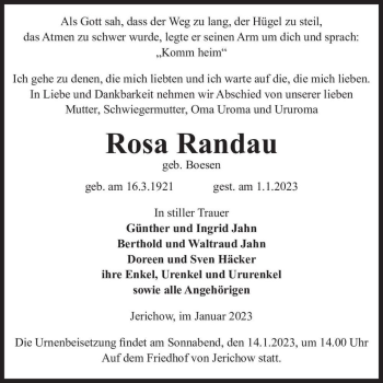 Traueranzeige von Rosa Randau (geb. Boesen)  von Magdeburger Volksstimme