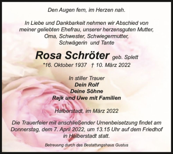 Traueranzeige von Rosa Schröter (geb. Splett)  von Magdeburger Volksstimme