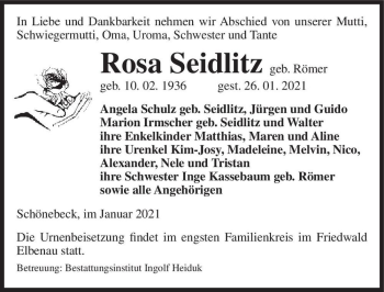 Traueranzeige von Rosa Seidlitz (geb. Römer)  von Magdeburger Volksstimme