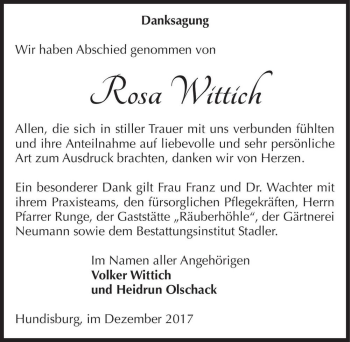 Traueranzeige von Rosa Wittich  von Magdeburger Volksstimme