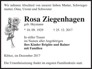 Traueranzeige von Rosa Ziegenhagen (geb. Heymann)  von Magdeburger Volksstimme