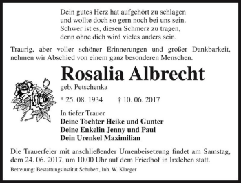 Traueranzeige von Rosalia Albrecht (geb. Petschenka)  von Magdeburger Volksstimme