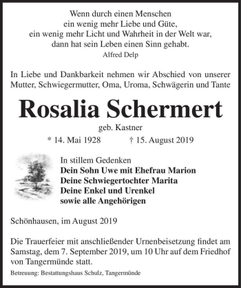 Traueranzeige von Rosalia Schermert (geb. Kastner)  von Magdeburger Volksstimme