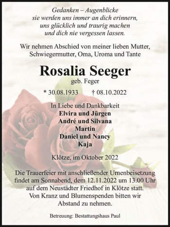 Traueranzeige von Rosalia Seeger (geb. Feger)  von Magdeburger Volksstimme