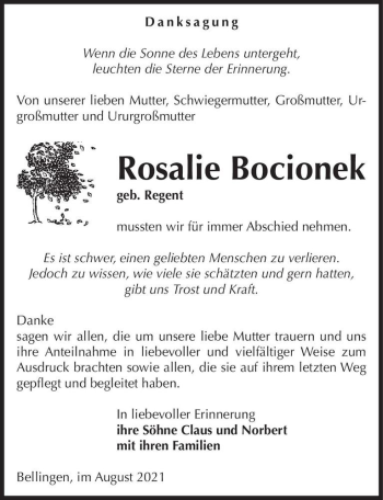 Traueranzeige von Rosalie Bocionek (geb. Regent)  von Magdeburger Volksstimme