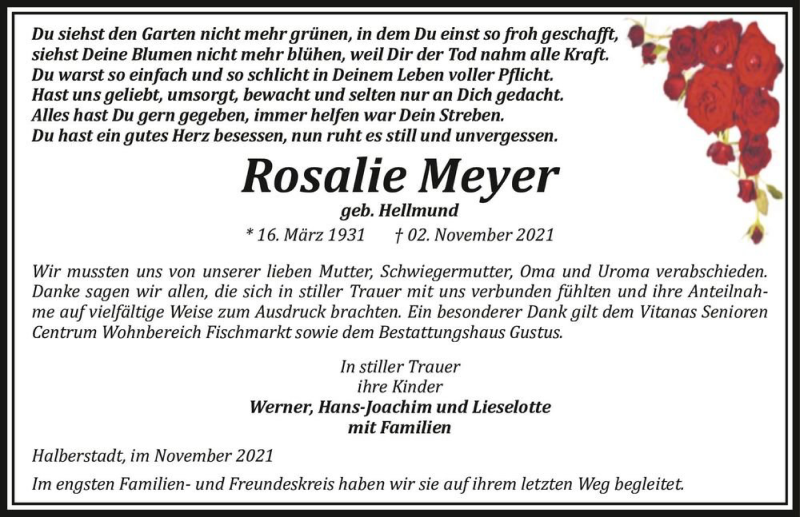  Traueranzeige für Rosalie Meyer (geb. Hellmund)  vom 27.11.2021 aus Magdeburger Volksstimme