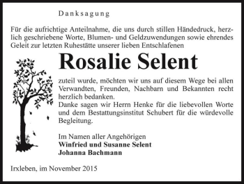 Traueranzeige von Rosalie Selent  von Magdeburger Volksstimme