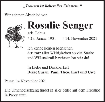 Traueranzeige von Rosalie Senger (geb. Labus)  von Magdeburger Volksstimme
