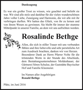 Traueranzeige von Rosalinde Bethge  von Magdeburger Volksstimme