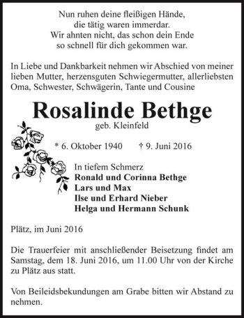 Traueranzeige von Rosalinde Bethge (geb. Kleinfeld)  von Magdeburger Volksstimme