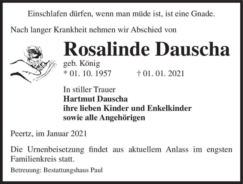  Traueranzeige für Rosalinde Dauscha (geb. König)  vom 07.01.2021 aus Magdeburger Volksstimme