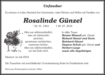 Traueranzeige von Rosalinde Günzel  von Magdeburger Volksstimme