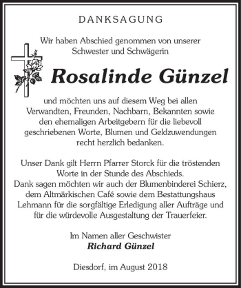 Traueranzeige von Rosalinde Günzel  von Magdeburger Volksstimme