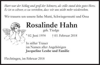 Traueranzeige von Rosalinde Hahn (geb. Tiedge)  von Magdeburger Volksstimme