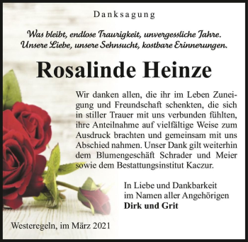 Traueranzeige von Rosalinde Heinze  von Magdeburger Volksstimme