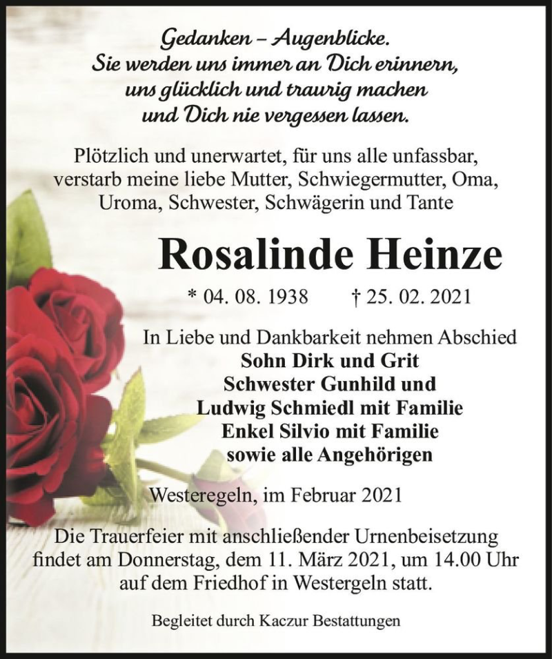  Traueranzeige für Rosalinde Heinze  vom 02.03.2021 aus Magdeburger Volksstimme