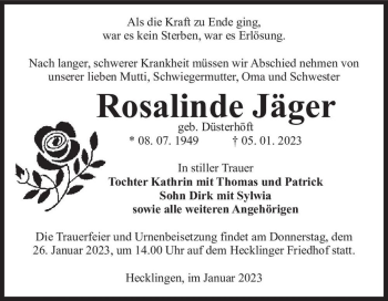 Traueranzeige von Rosalinde Jäger (geb. Düsterhöft)  von Magdeburger Volksstimme