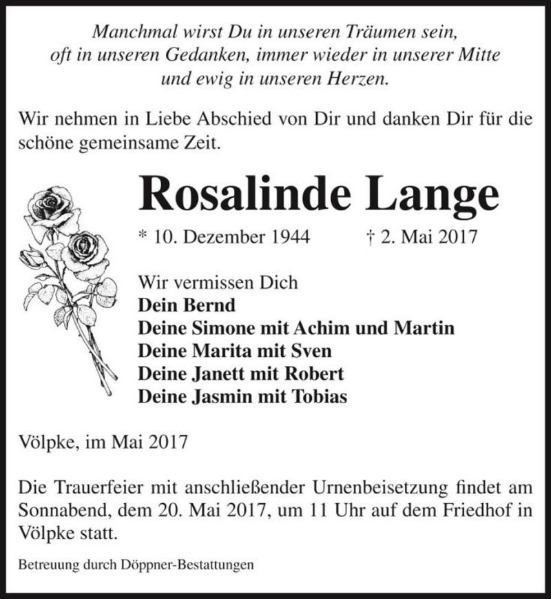  Traueranzeige für Rosalinde Lange  vom 06.05.2017 aus Magdeburger Volksstimme