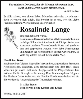 Traueranzeige von Rosalinde Lange  von Magdeburger Volksstimme
