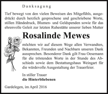 Traueranzeige von Rosalinde Mewes  von Magdeburger Volksstimme