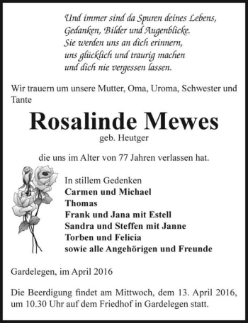 Traueranzeige von Rosalinde Mewes (geb. Heutger)  von Magdeburger Volksstimme