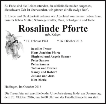 Traueranzeige von Rosalinde Pforte (geb. Krüger)  von Magdeburger Volksstimme