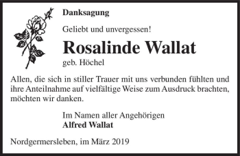 Traueranzeige von Rosalinde Wallat (geb. Höchel)  von Magdeburger Volksstimme