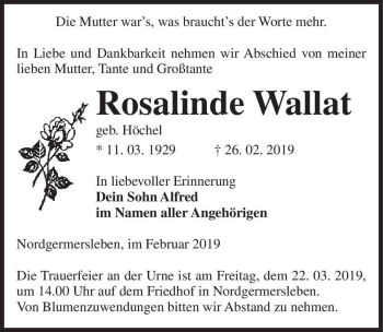 Traueranzeige von Rosalinde Wallat (geb. Höchel)  von Magdeburger Volksstimme