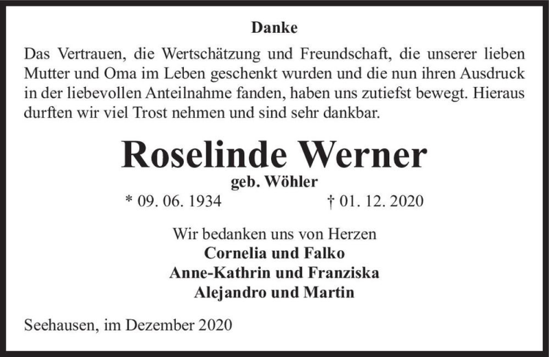  Traueranzeige für Rosalinde Werner (geb. Wöhler)  vom 23.12.2020 aus Magdeburger Volksstimme