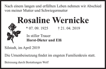 Traueranzeige von Rosaline Wernicke  von Magdeburger Volksstimme