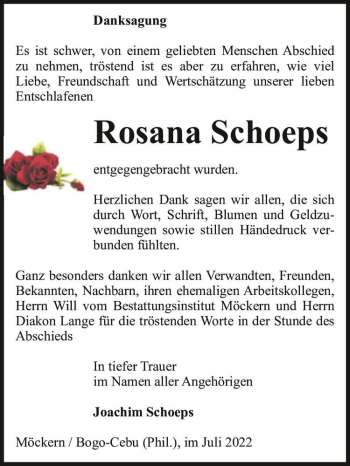 Traueranzeige von Rosana Schoeps  von Magdeburger Volksstimme