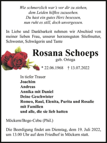 Traueranzeige von Rosana Schoeps (geb. Ortega)  von Magdeburger Volksstimme
