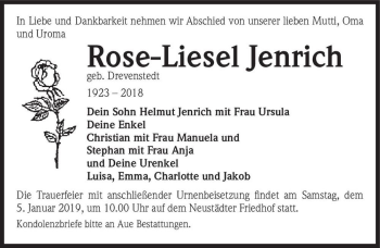 Traueranzeige von Rose-Liesel Jenrich (geb. Drevenstedt)  von Magdeburger Volksstimme
