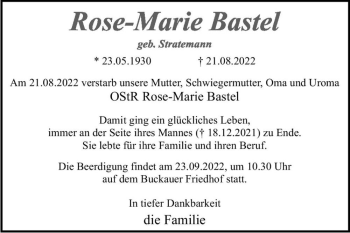Traueranzeige von Rose-Marie Bastel (geb. Stratemann)  von Magdeburger Volksstimme