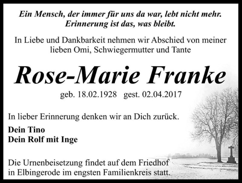  Traueranzeige für Rose-Marie Franke  vom 08.04.2017 aus Magdeburger Volksstimme