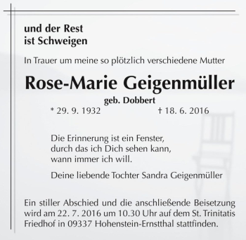 Traueranzeige von Rose-Marie Geigenmüller (geb. Dobbert)  von Magdeburger Volksstimme