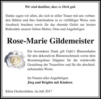 Traueranzeige von Rose-Marie Gildemeister  von Magdeburger Volksstimme